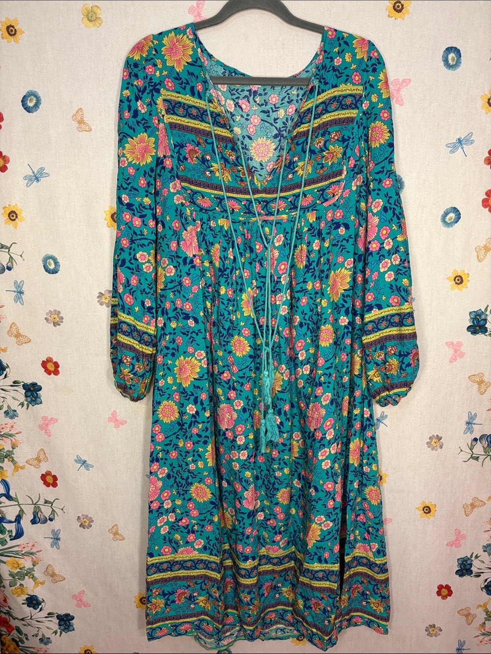 Boho Wow Vibrant Floral Turquoise Pouf-Sleeve Midi Dress w/ Tassel Ties